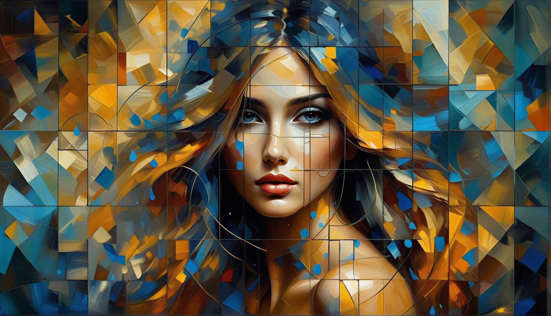 Digital Mosaic Painting of Woman with Colorful Hair
