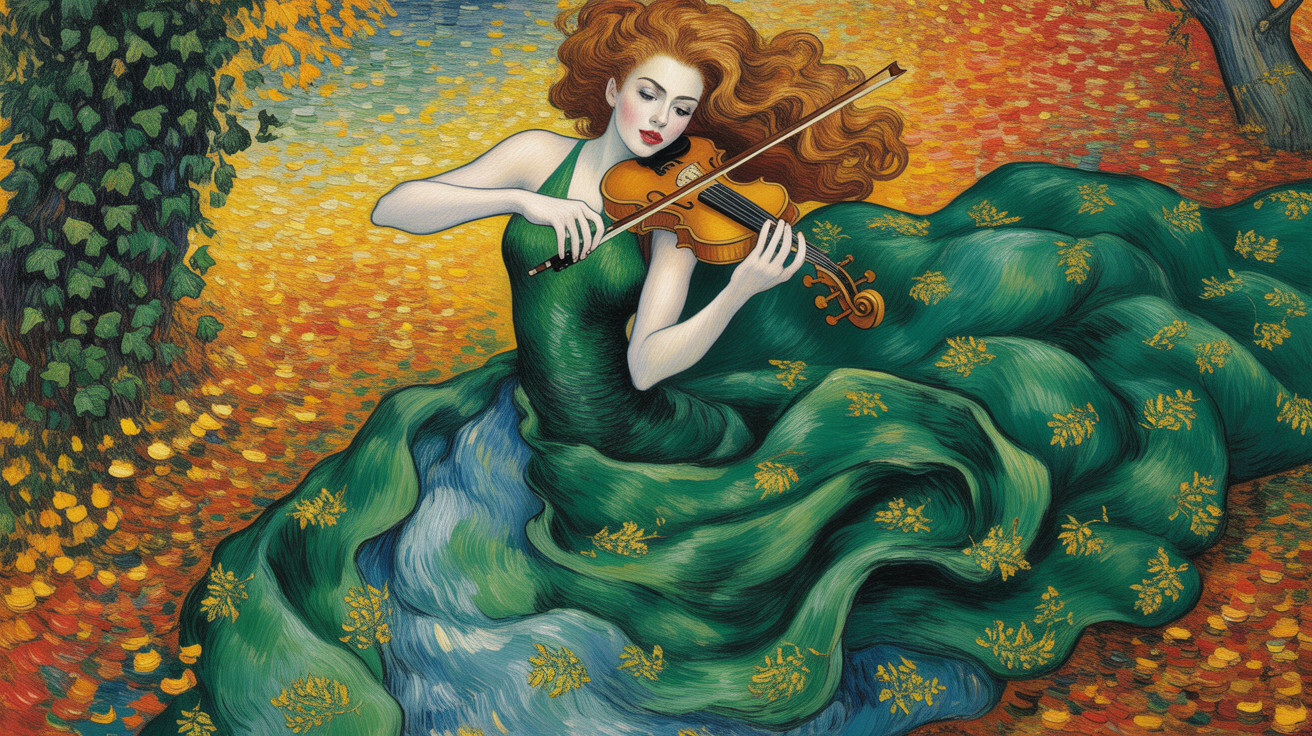 Woman in Green Gown Plays Violin Amid Autumn Leaves