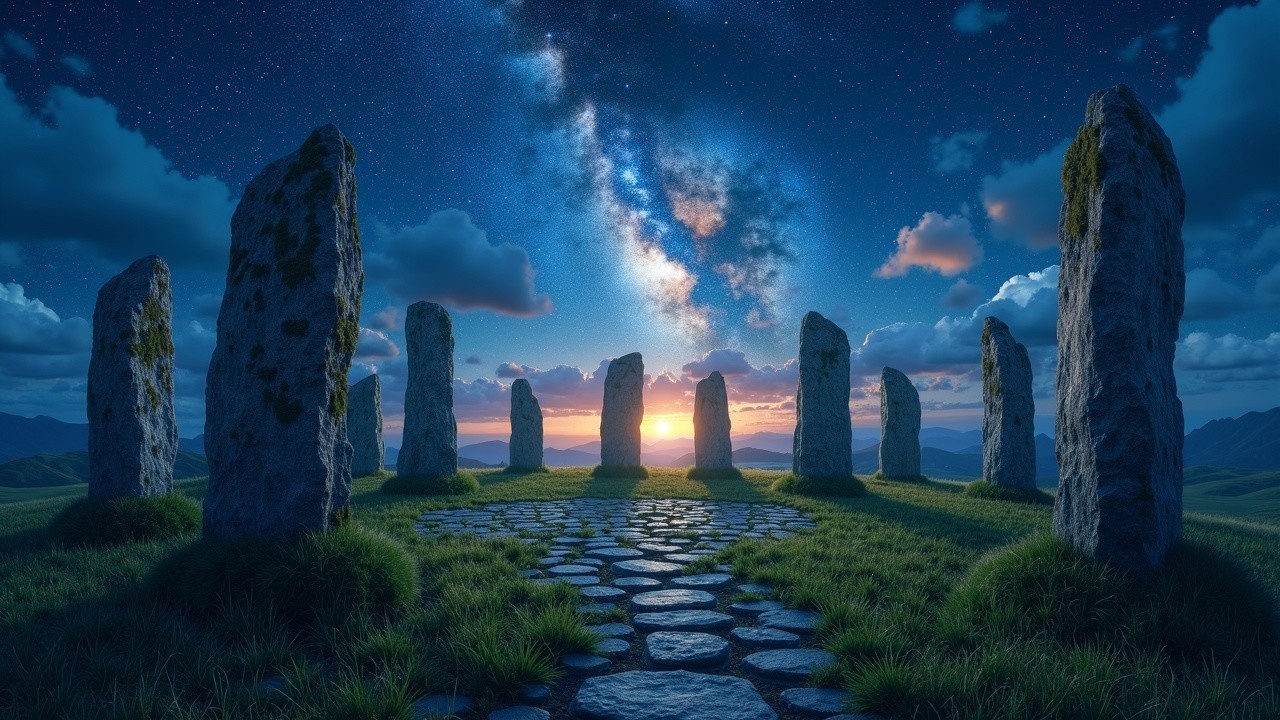 Mystical stone circle under starlit sky and sunset