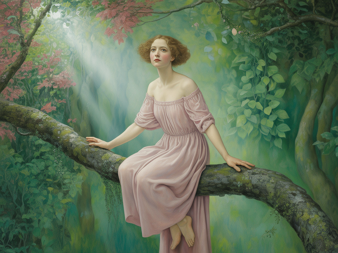 Serene Woman in Pink Gown Amidst Lush Greenery