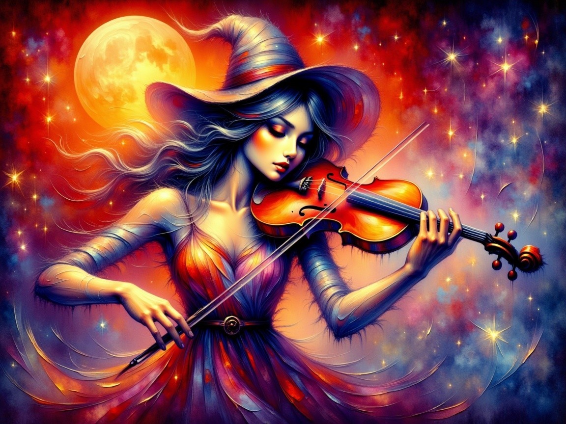 Mystical Woman Playing Violin Under Full Moon