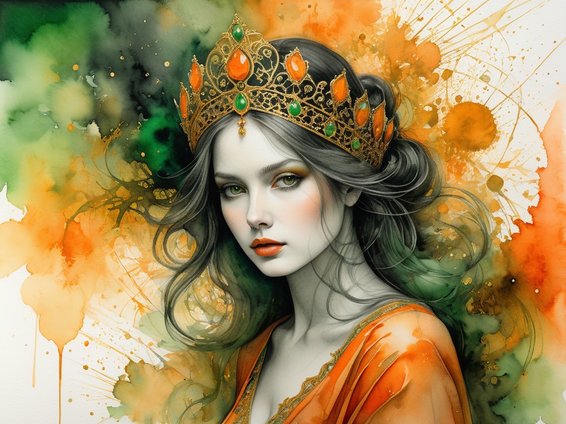 Regal Woman in Golden Crown with Jewel Accents