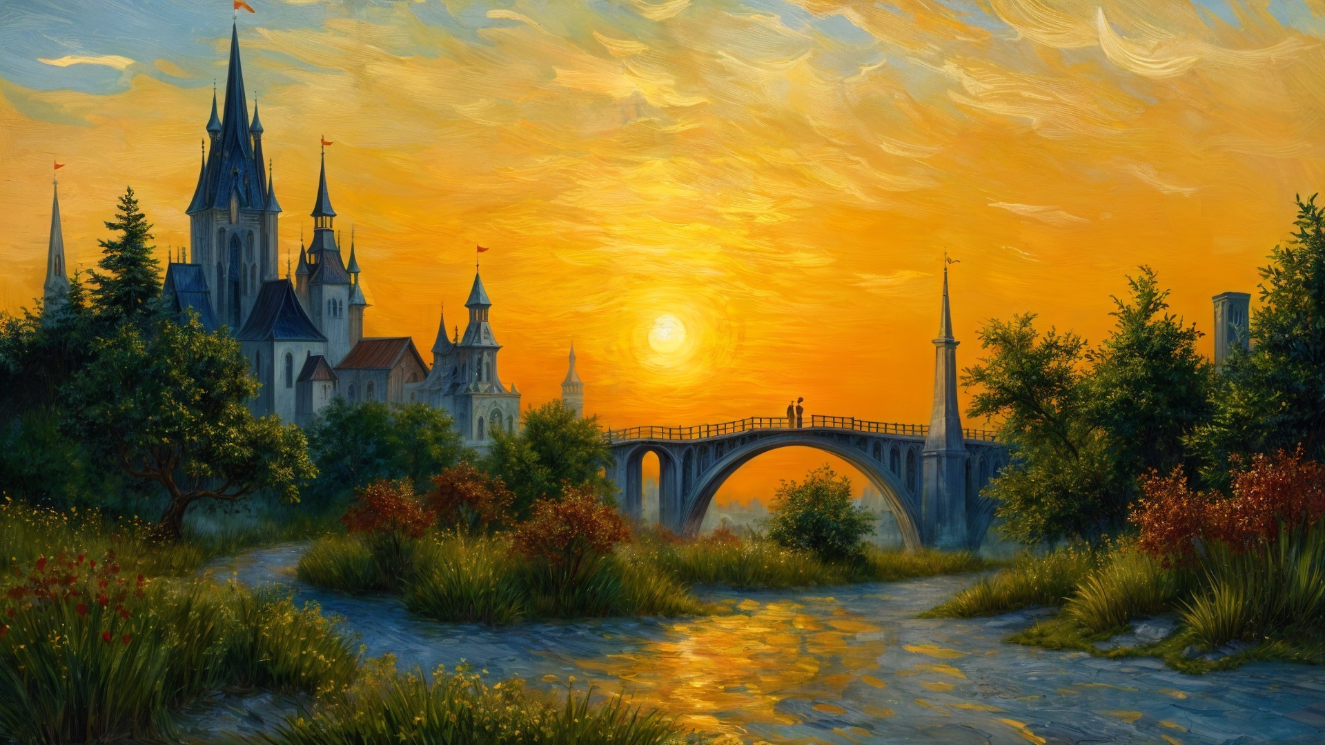 Majestic castle at sunset with serene landscape features