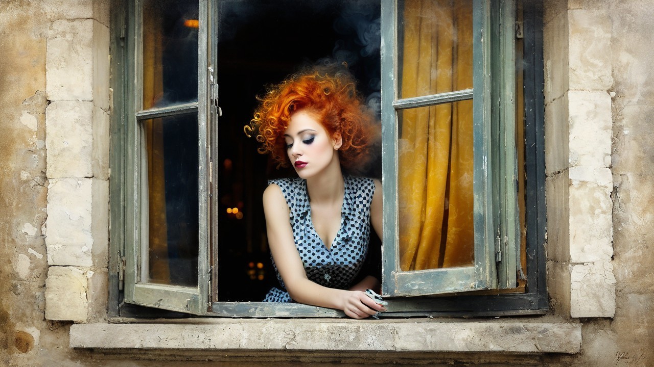 Woman with Curly Orange Hair by Rustic Window