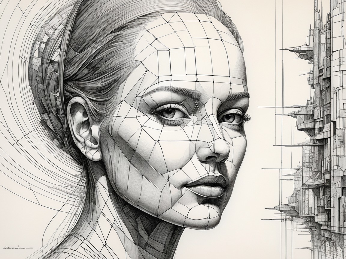 Geometric Wireframe Portrait with Futuristic Cityscape