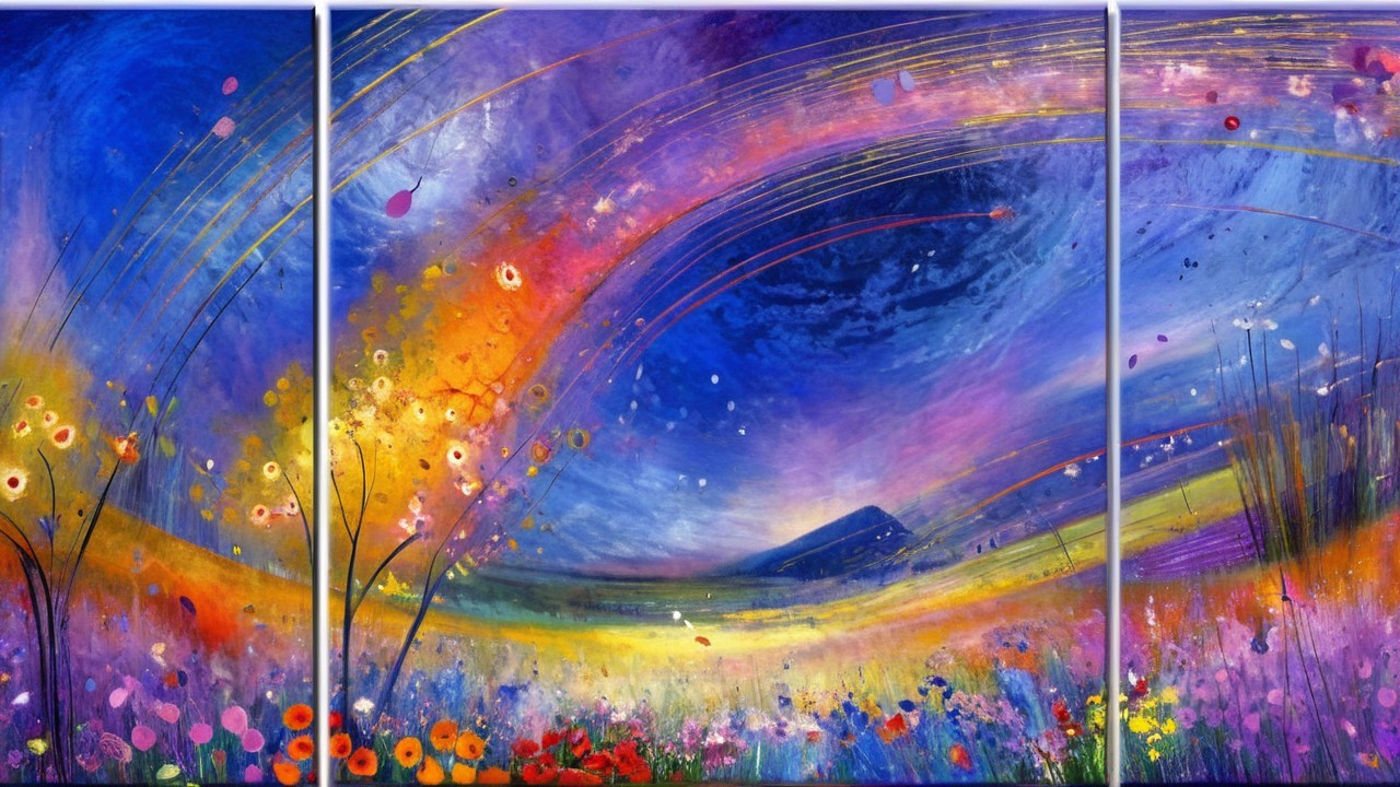 Vibrant Abstract Triptych with Dreamy Landscape Elements