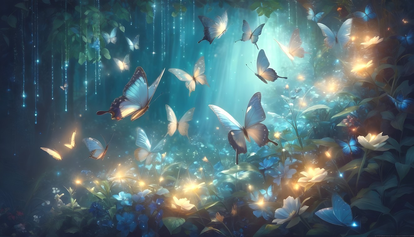 Magical Forest Scene with Ethereal Light and Butterflies