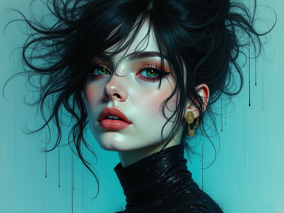 Portrait of a Young Woman with Green Eyes and Black Hair