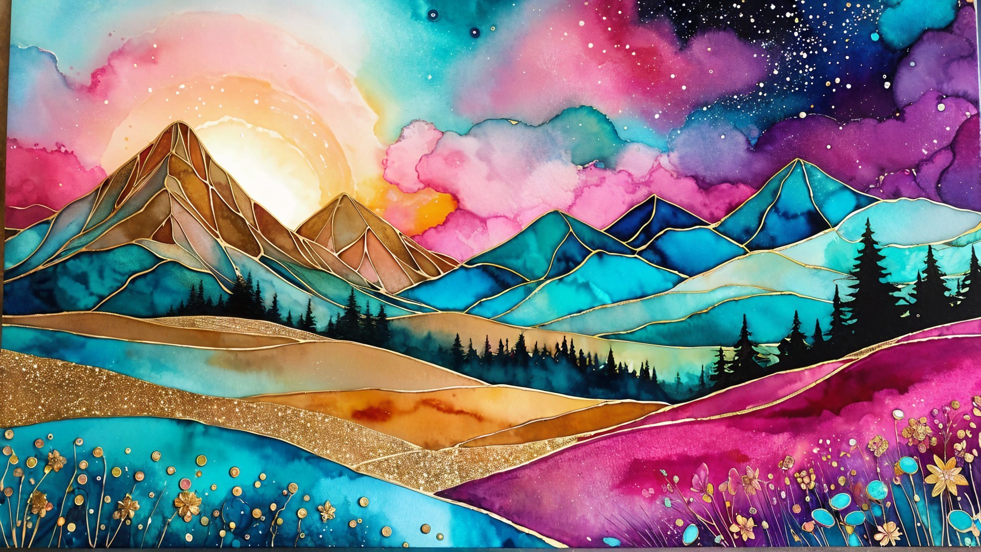 Vibrant Landscape with Majestic Mountains and Sunset Sky