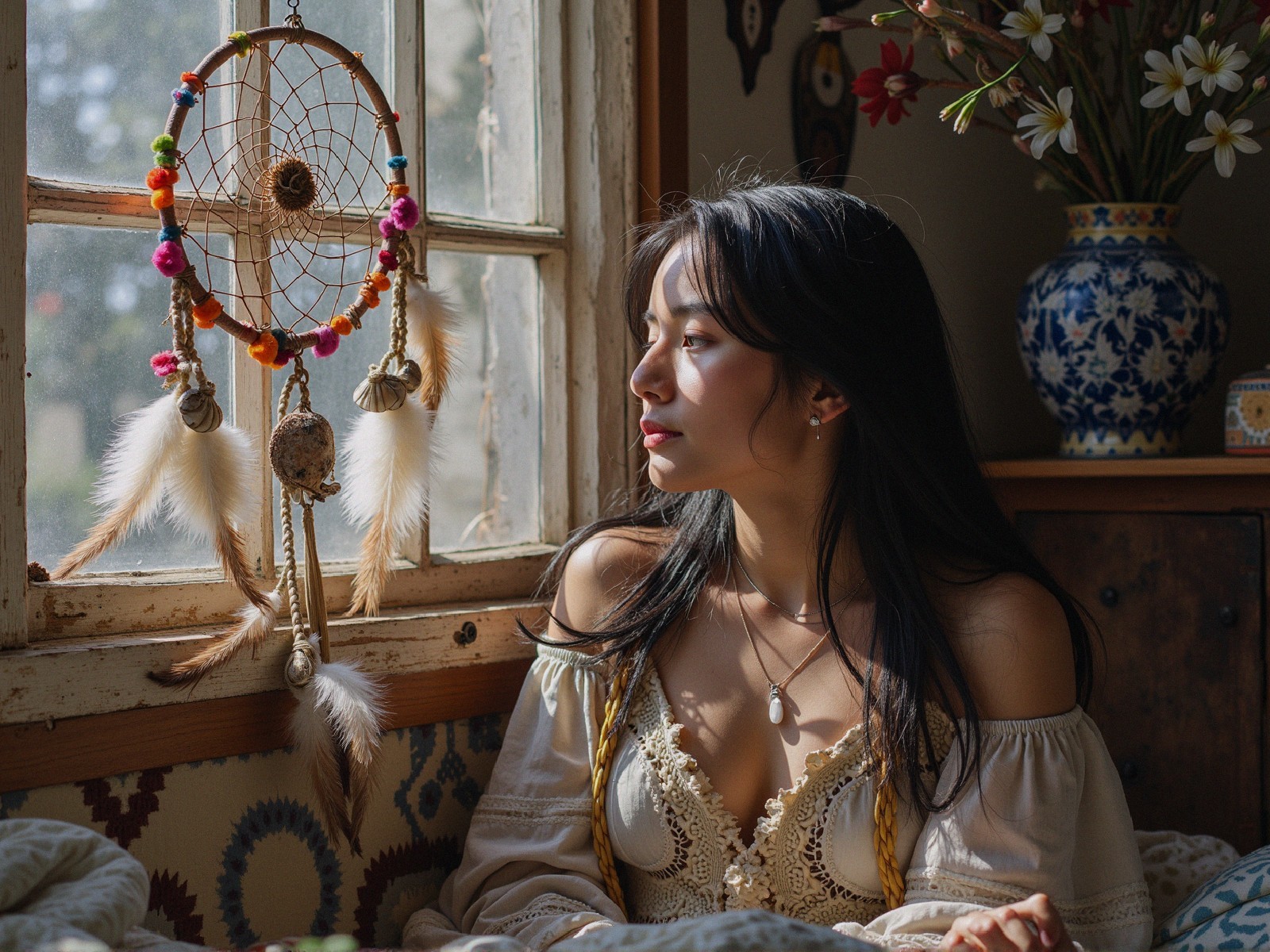 Thoughtful Young Woman by Window with Dreamcatcher