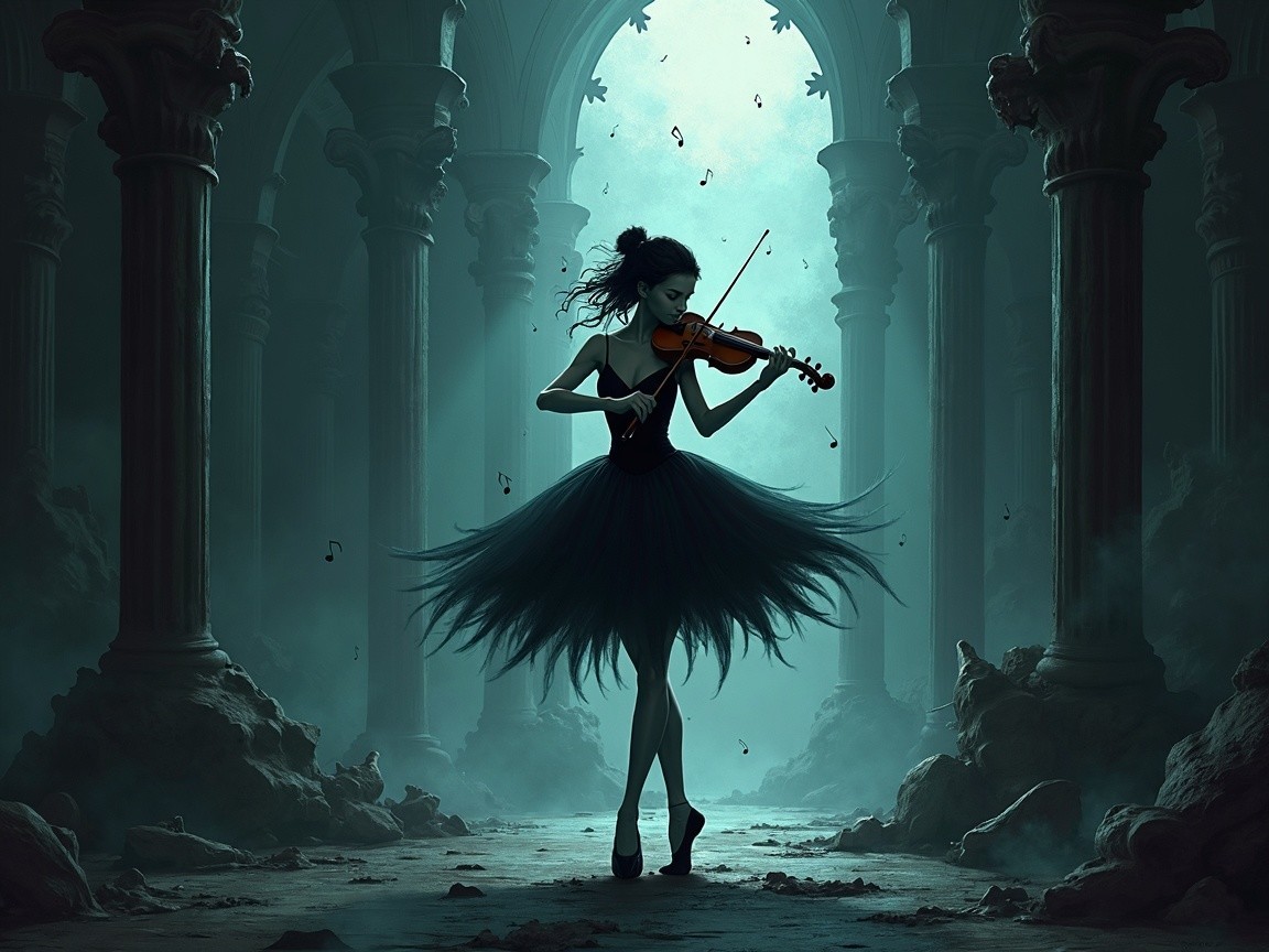 Mysterious Figure Playing Violin in Ancient Archway