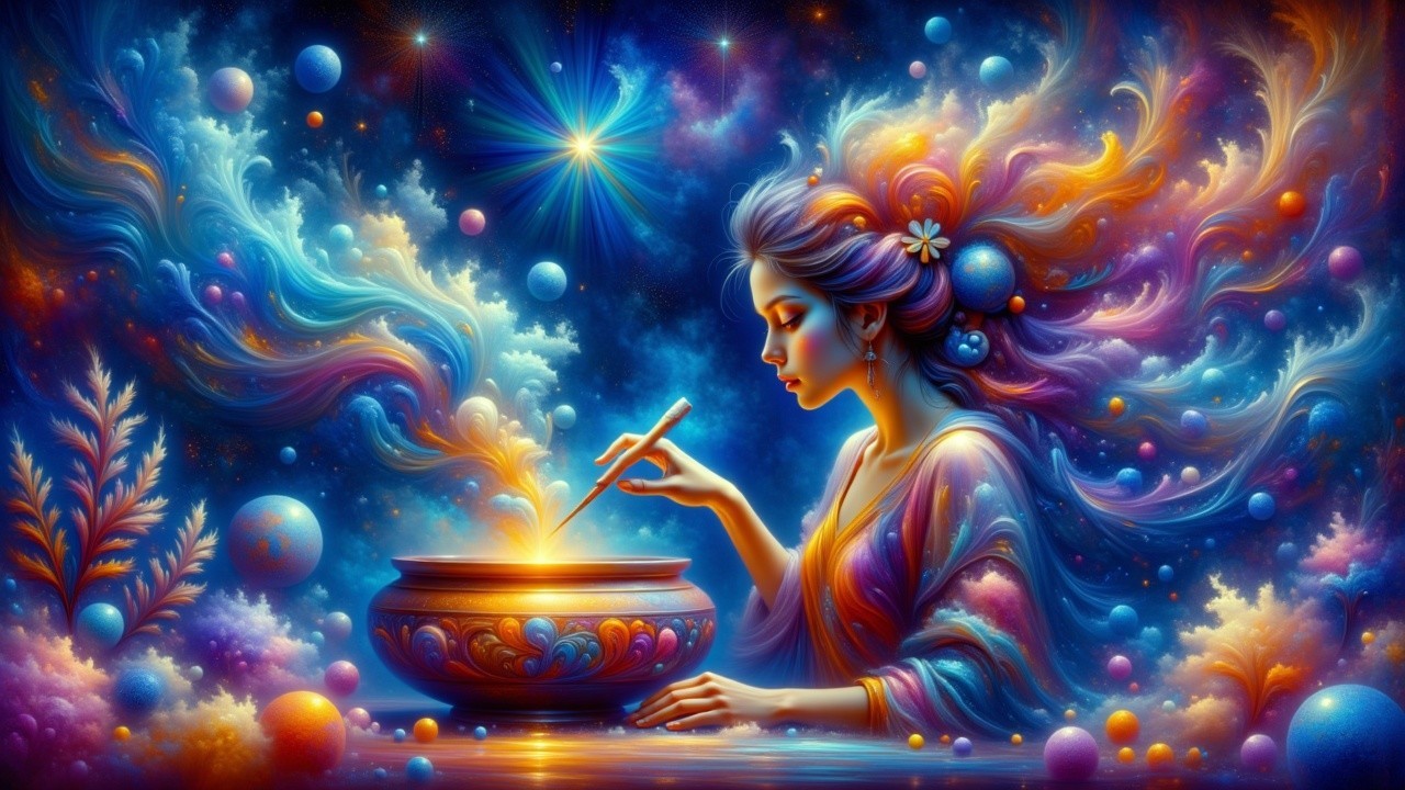 Mystical Woman with Cauldron in Celestial Setting