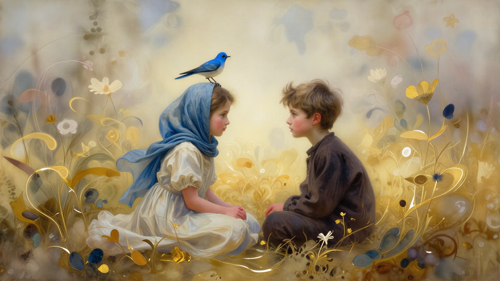 Children Sitting in a Wildflower Field with a Bird