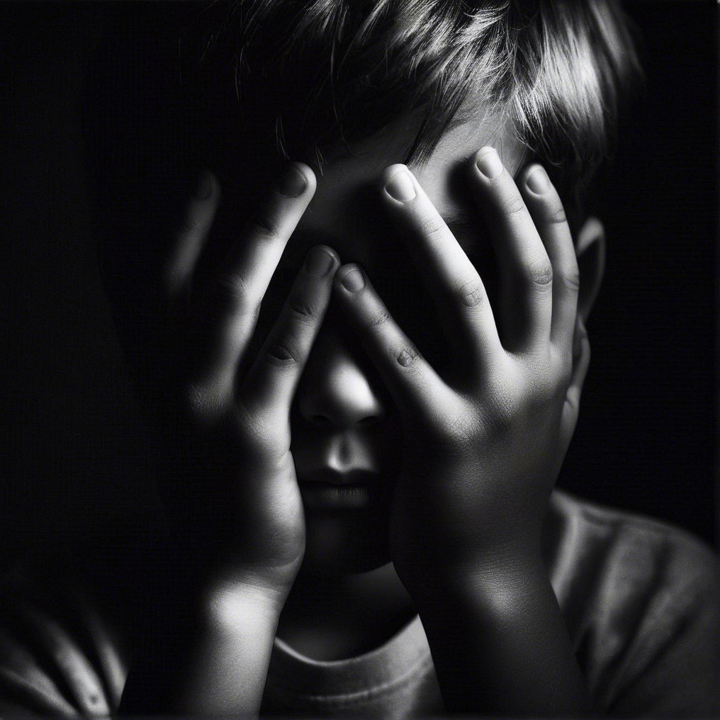 Young boy in dim light expressing sadness and vulnerability
