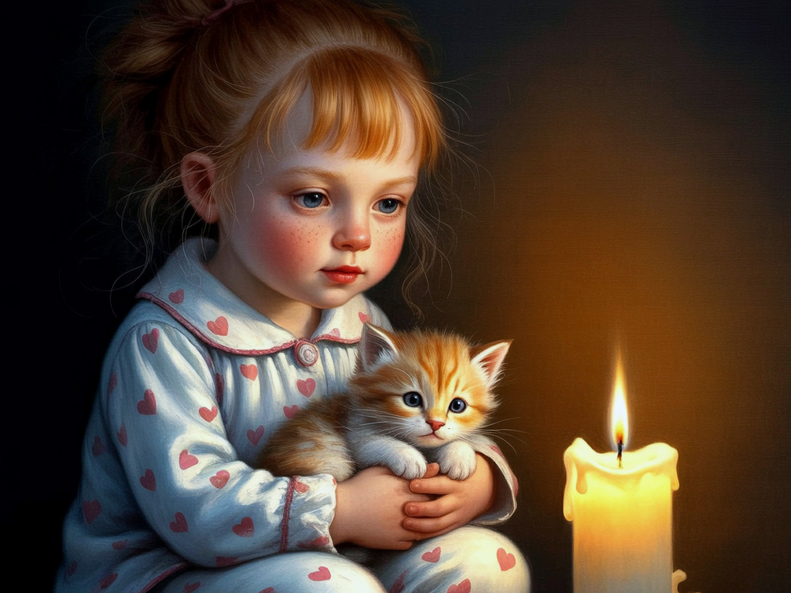 Young girl with kitten in cozy candlelit room