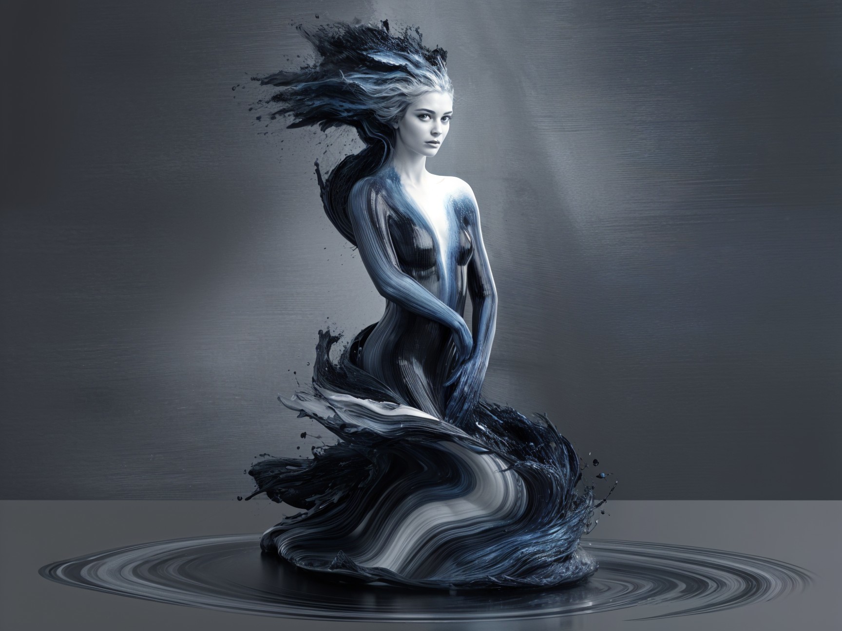 Sculpture of Female Figure in Blue and Black Paint