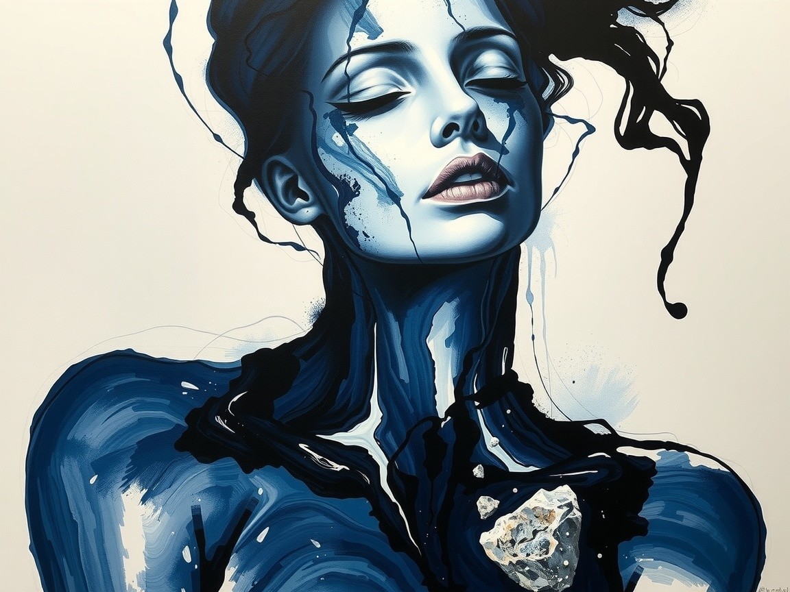 Portrait of a Woman in Deep Blue Tones with Texture