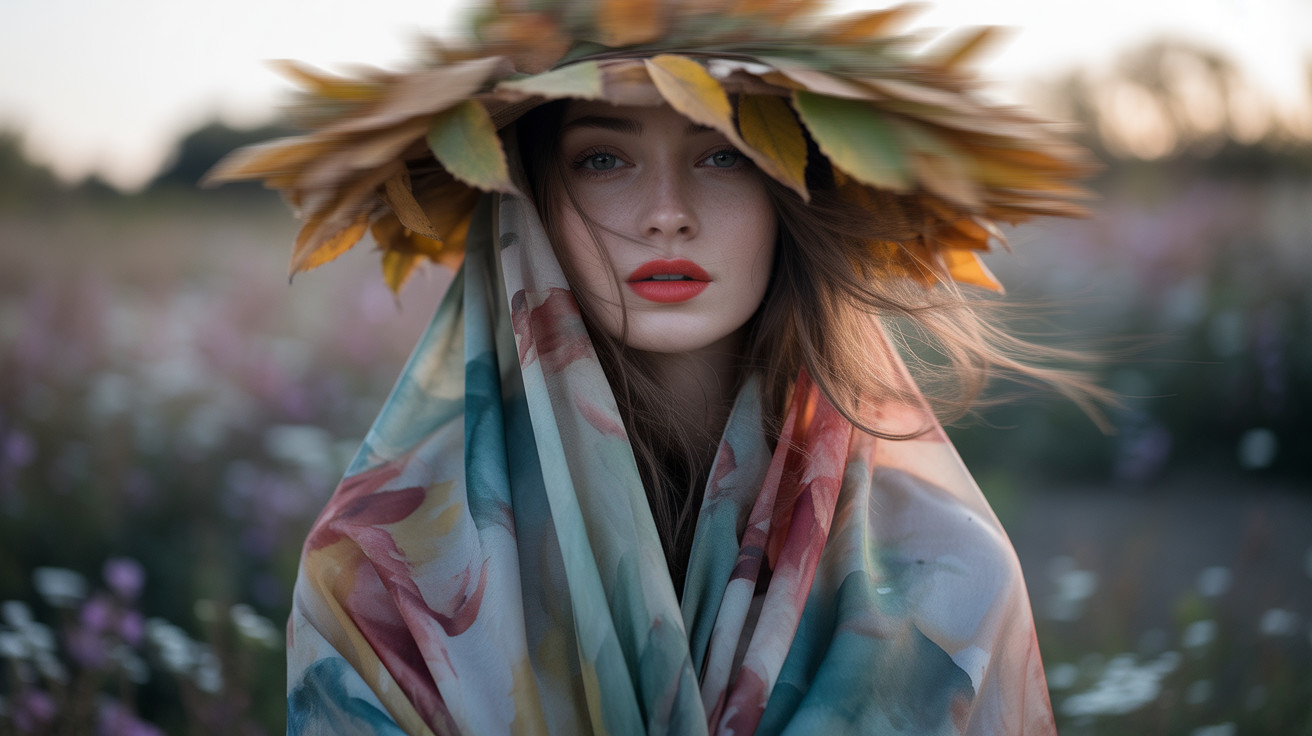Serene Woman in Blooming Field with Colorful Hat