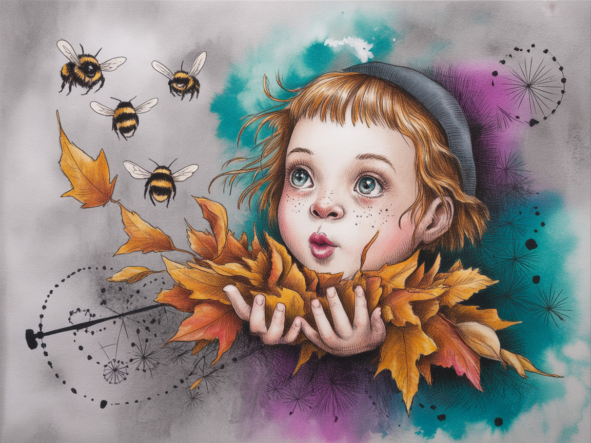 Whimsical Illustration of a Girl with Autumn Leaves
