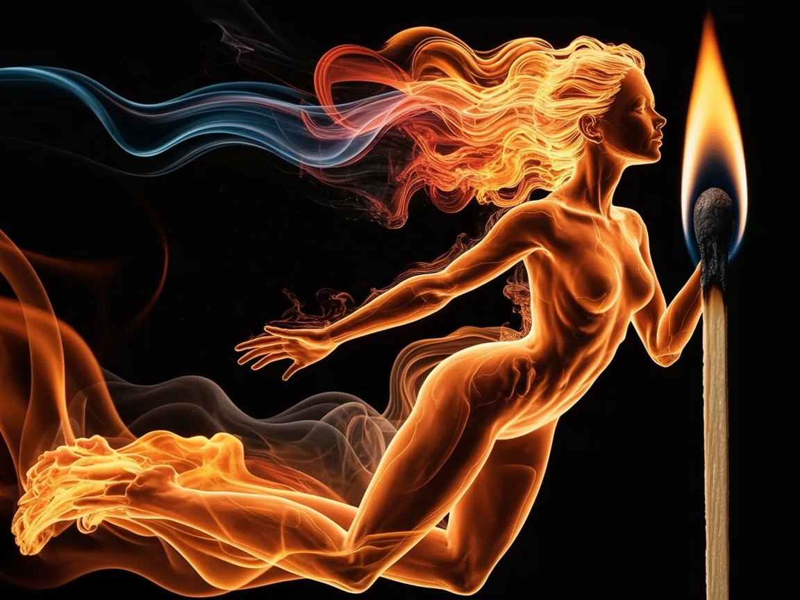 Surreal depiction of a fiery woman emerging from flames