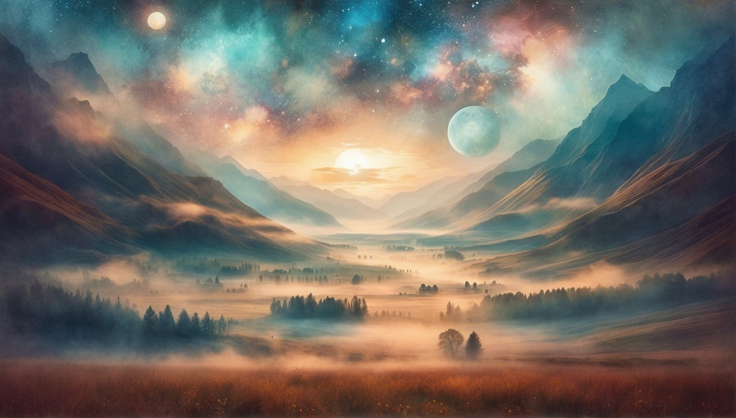 Surreal Landscape with Mountains, Mist, and Moons
