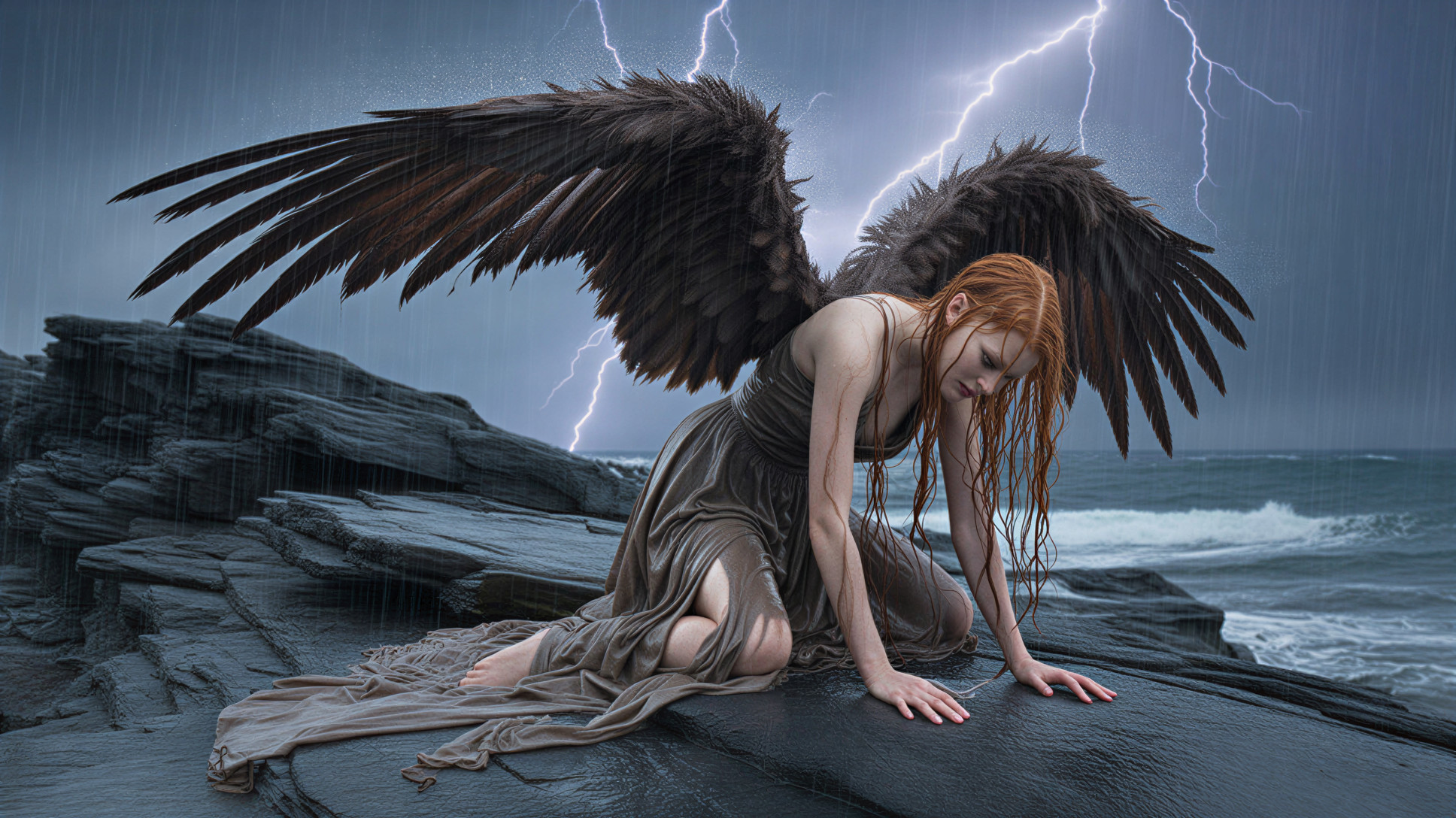 Solitary Figure with Black Wings on Rocky Shoreline