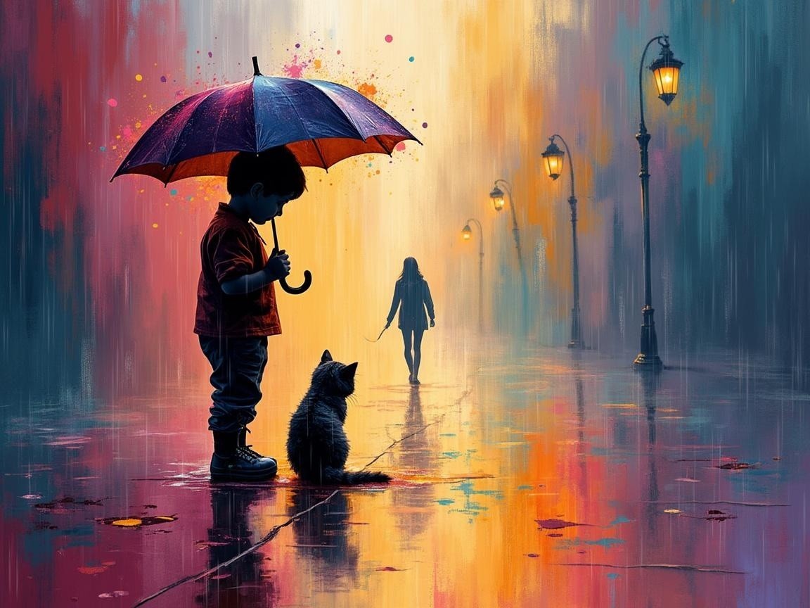 Child with cat under red umbrella on colorful street