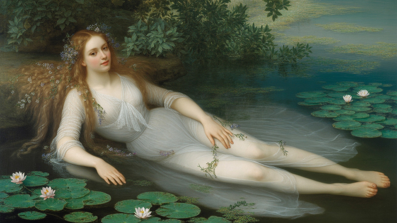 Serene Figure on Lily Pads in Tranquil Nature Scene