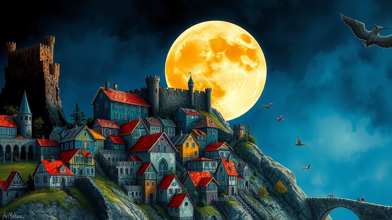 Whimsical Village on Hill Under Glowing Moonlight