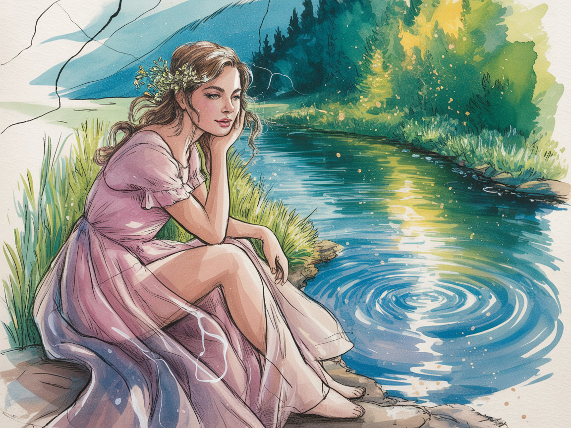 Young Woman in Pink Dress by Tranquil River Scene