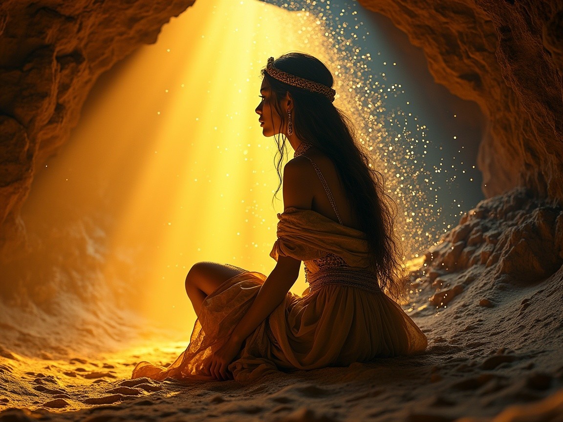 Silhouette of a Woman in a Dimly Lit Cave