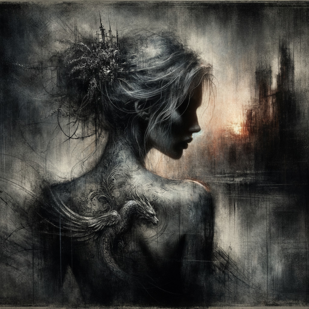 Silhouette of a Woman with Intricate Tattoos and Glow