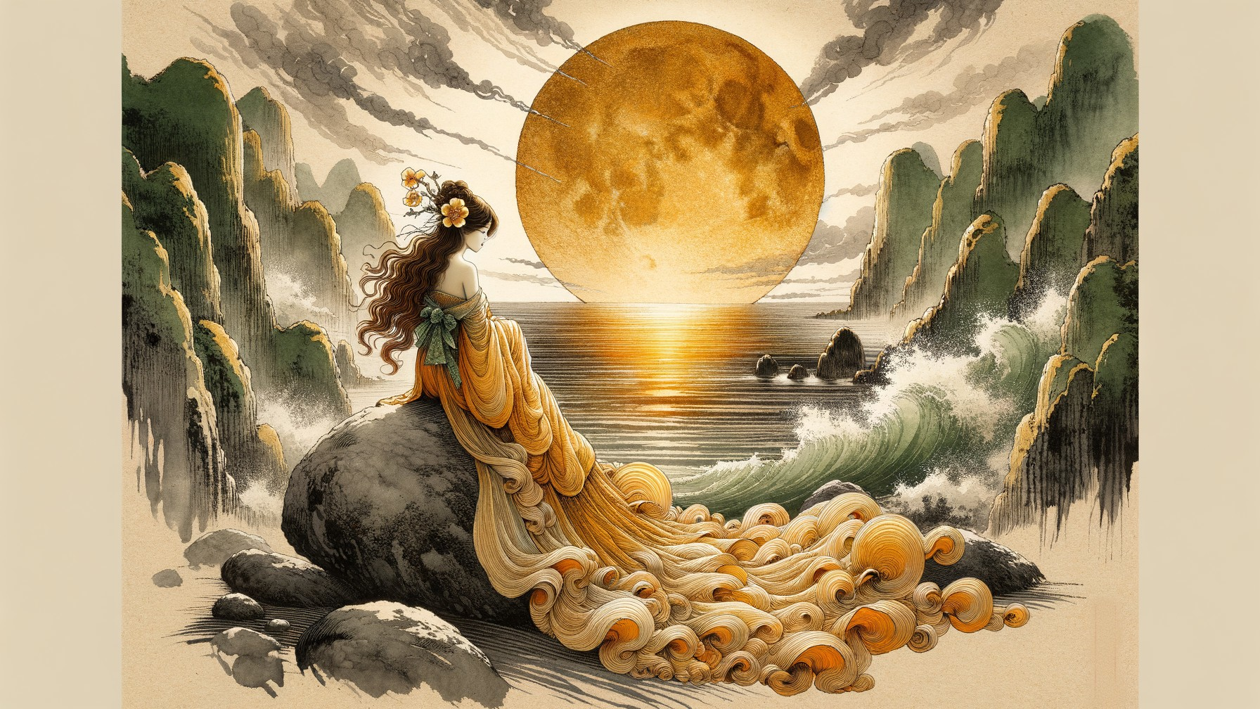 Serene figure on rock with sunset over ocean