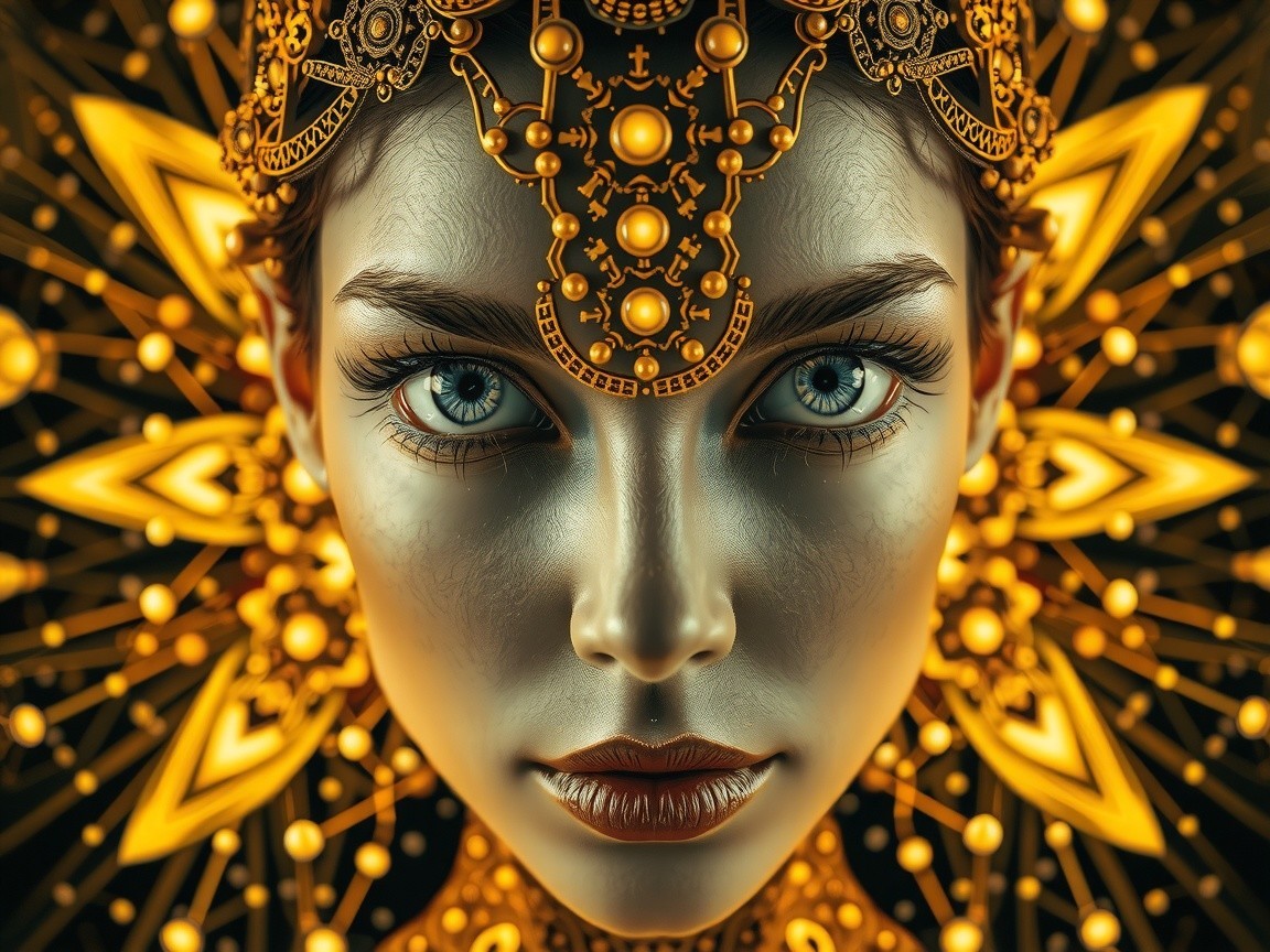 Close-Up of Woman's Face with Golden Jewelry and Designs
