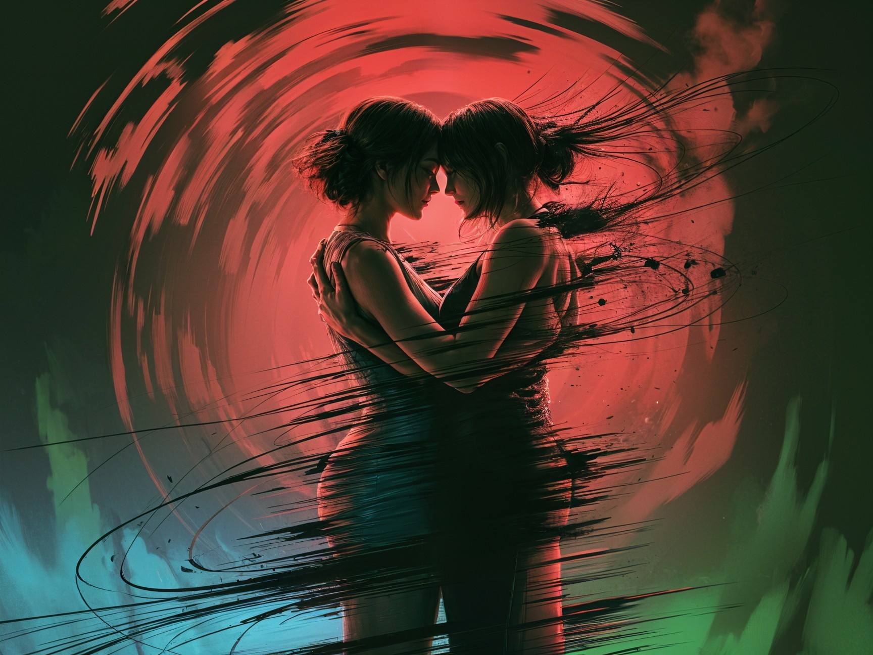 Surreal Embrace of Figures in Abstract Color Patterns