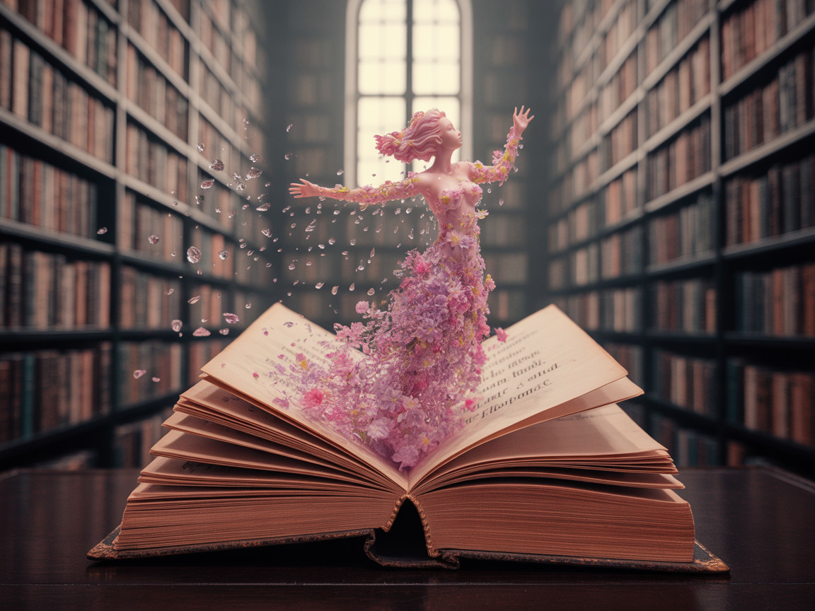 Whimsical Flower Figure in a Grand Library Scene