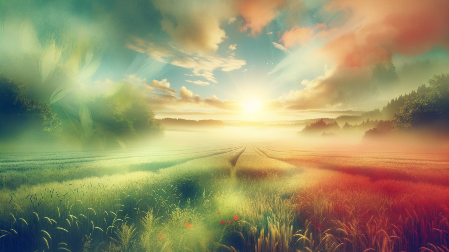 Serene Sunrise Landscape with Rolling Fields and Trees