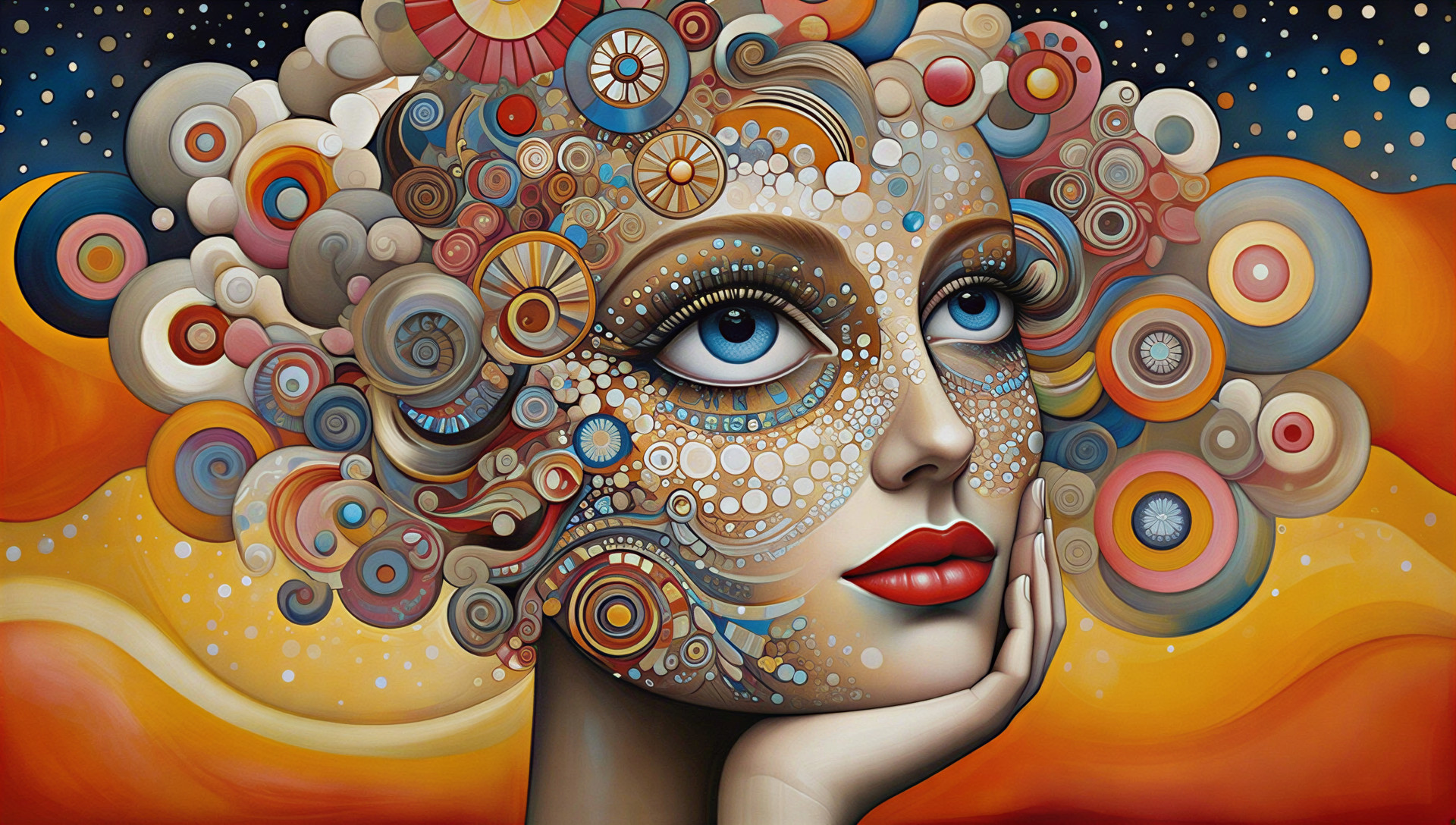 Portrait of a woman with colorful, patterned hairstyle