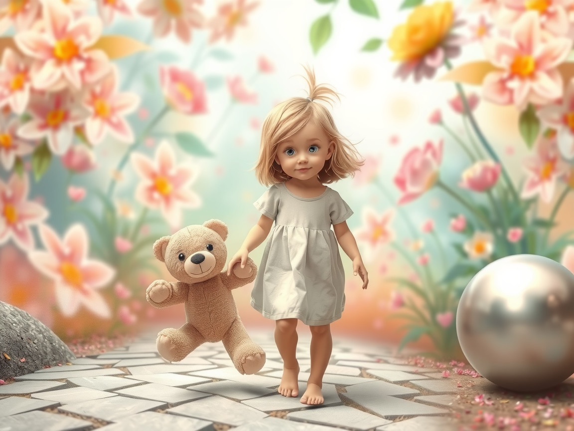 Child in Light Dress Walking in Vibrant Flower Garden