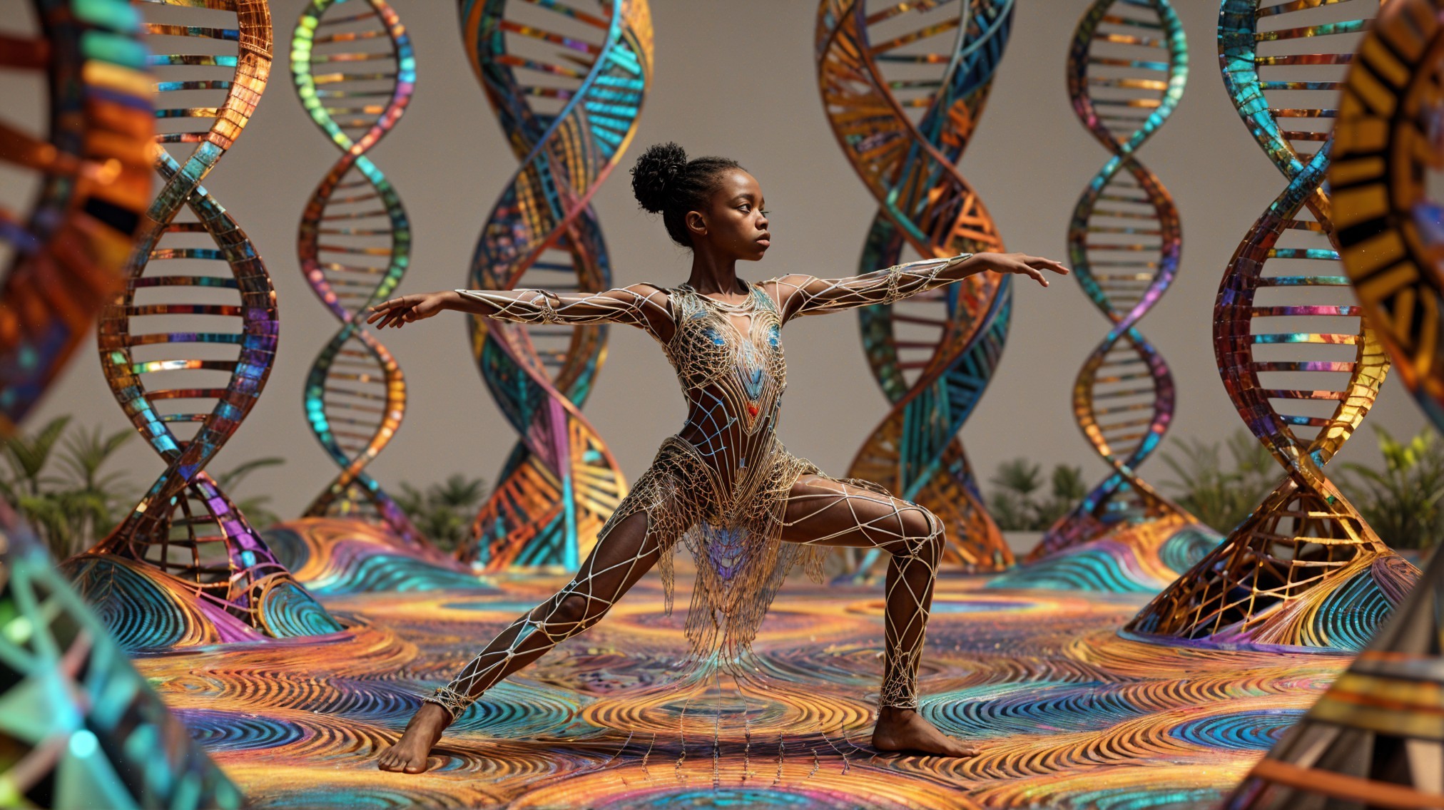 Young dancer in shimmering DNA-inspired costume