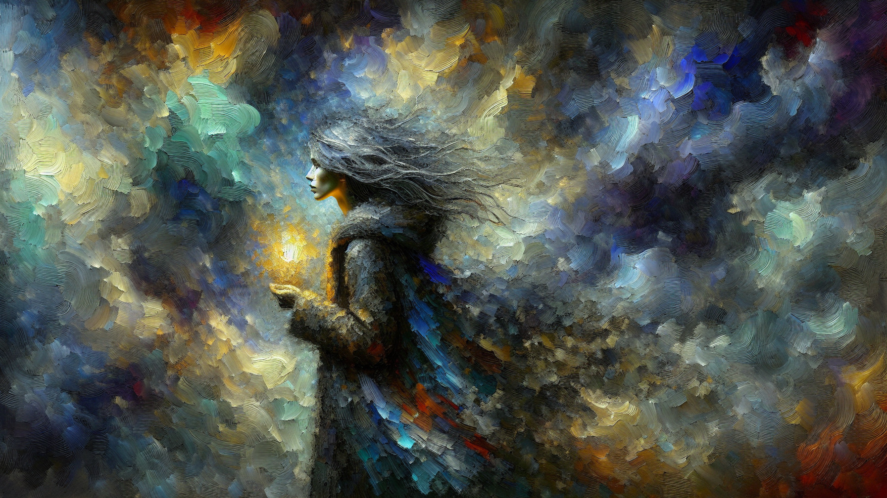Contemplative Figure in Colorful Abstract Setting