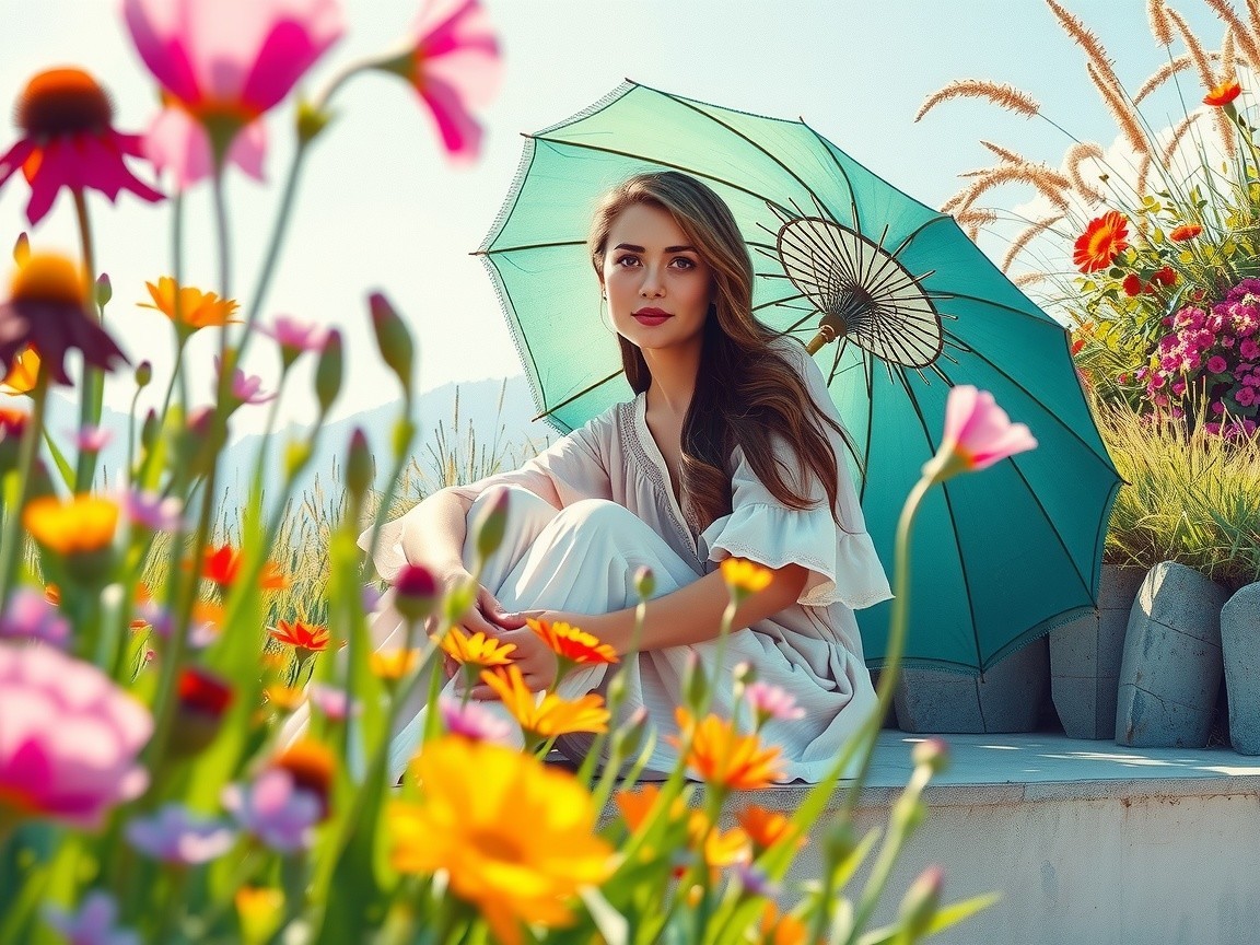 Young Woman on Ledge Surrounded by Colorful Flowers