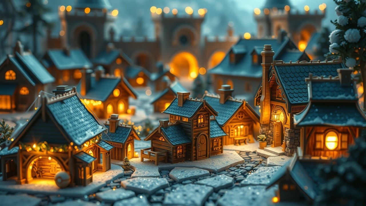Charming Winter Village Scene with Golden Lights
