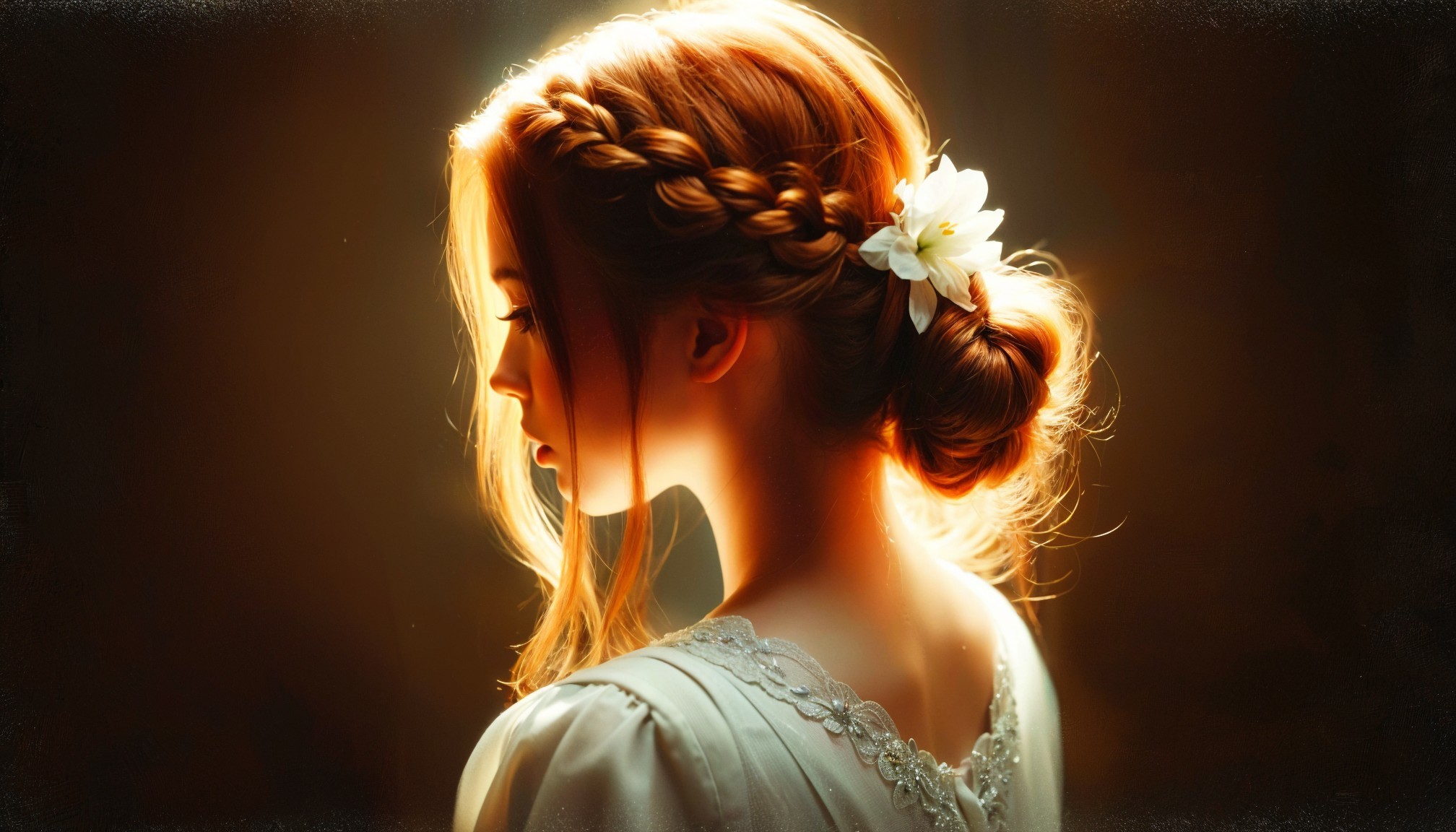 Profile of a Woman with Red Hair and White Flower