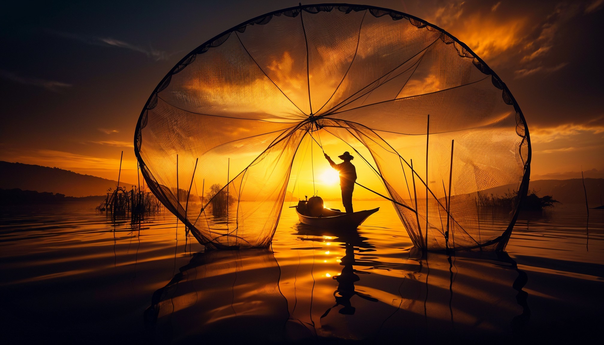 Fisherman Silhouette at Sunset on Calm Water