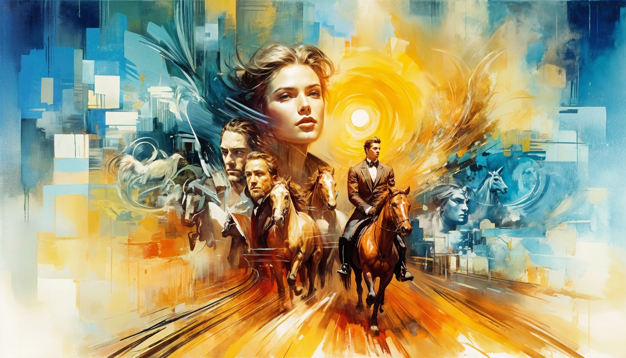 Vibrant Illustration of Horseback Figure with Portraits