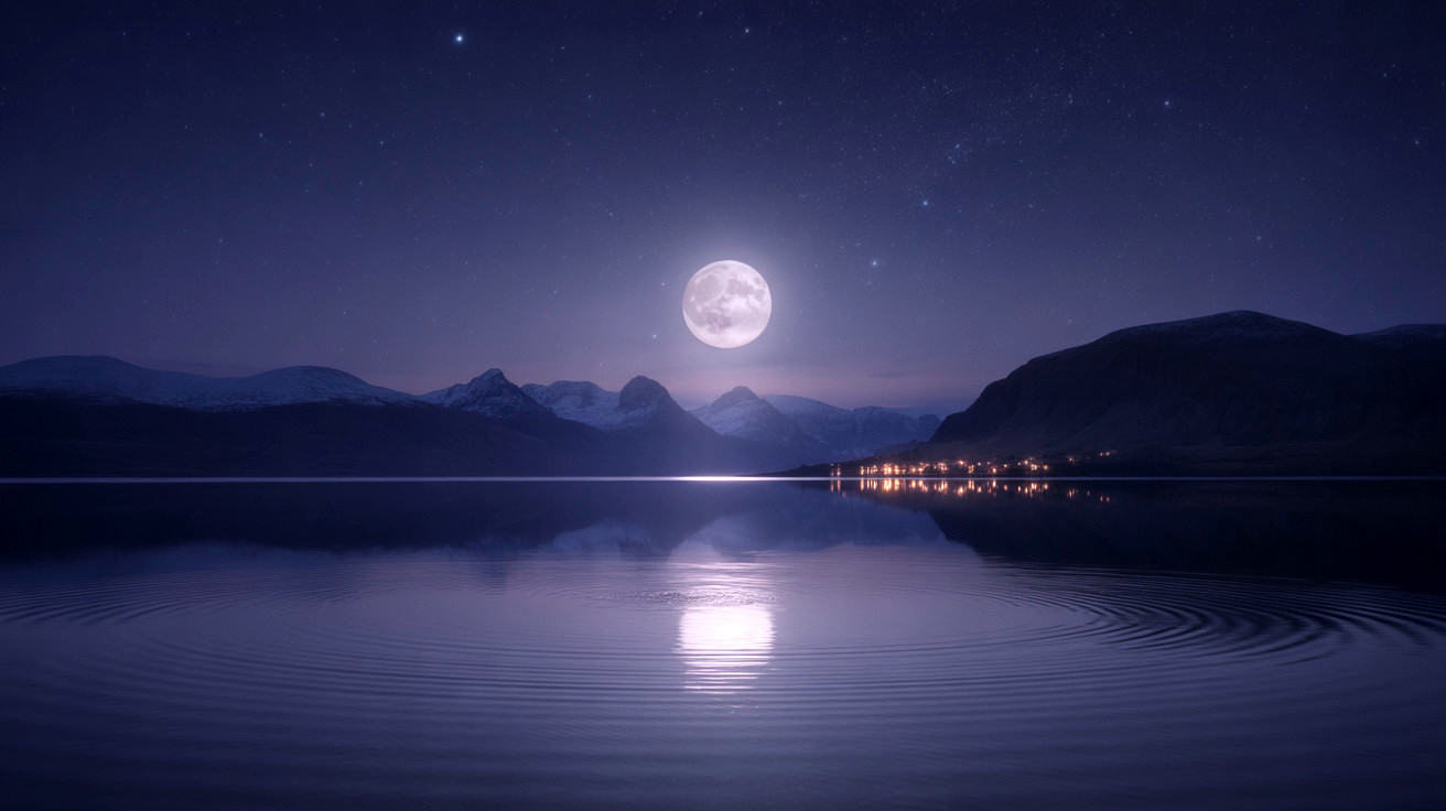 Tranquil Night Scene with Full Moon and Mountains