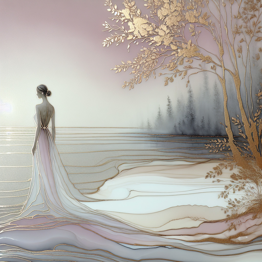 Serene figure by calm water with pastel colors