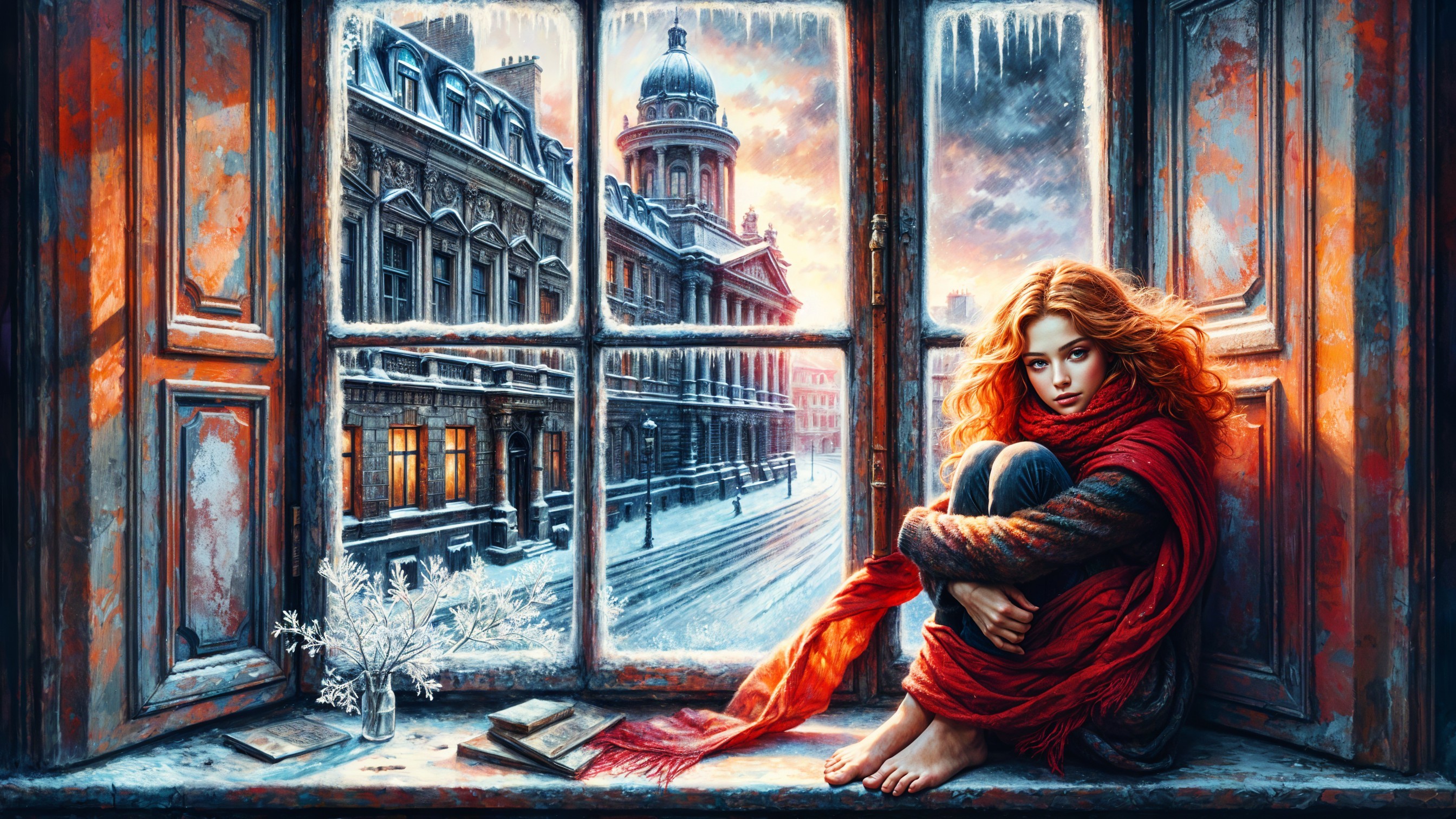 Young Woman with Reddish-Brown Hair on Window Sill