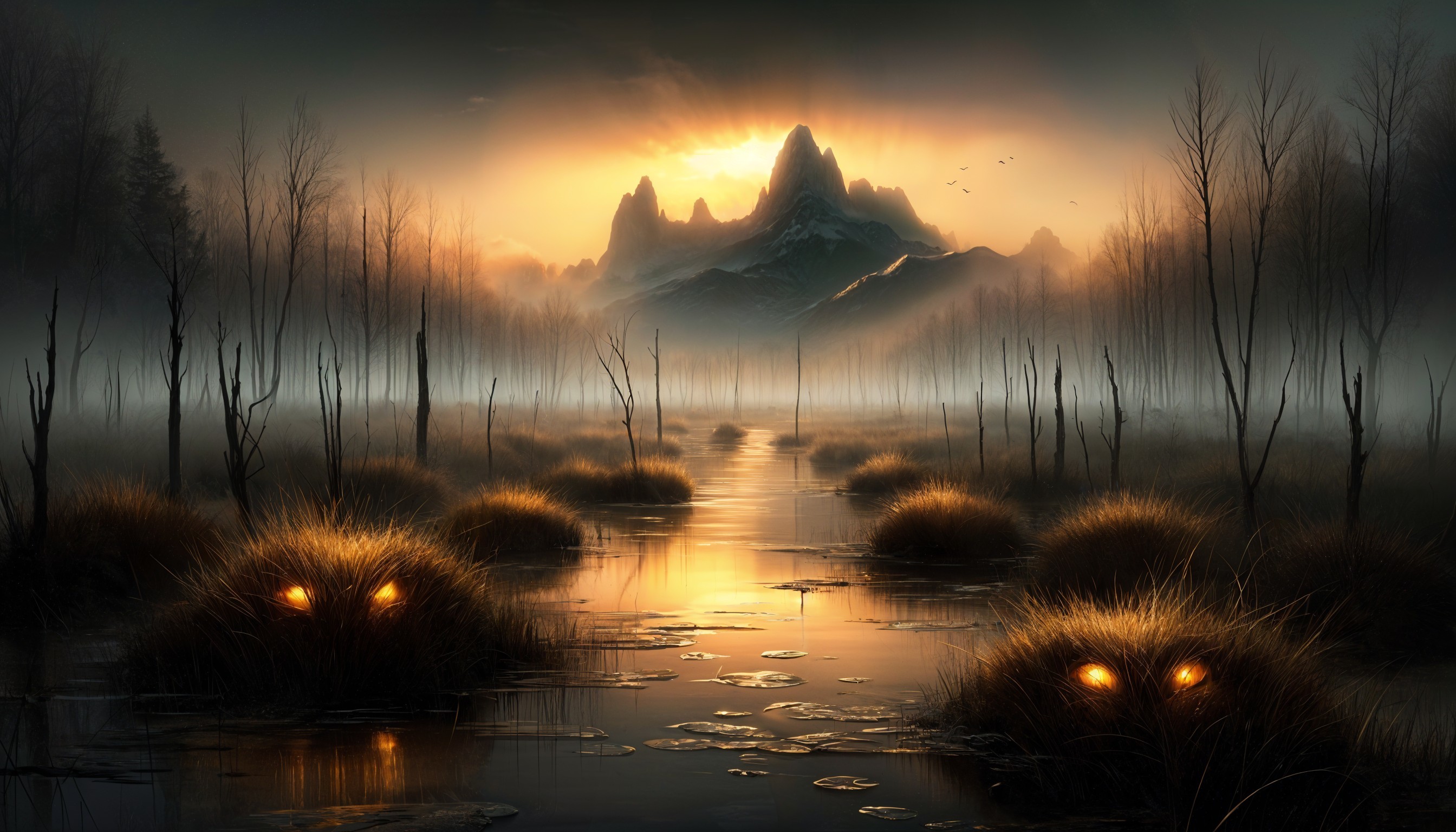 Mystical Dawn Landscape with Tranquil Swamp and Mist